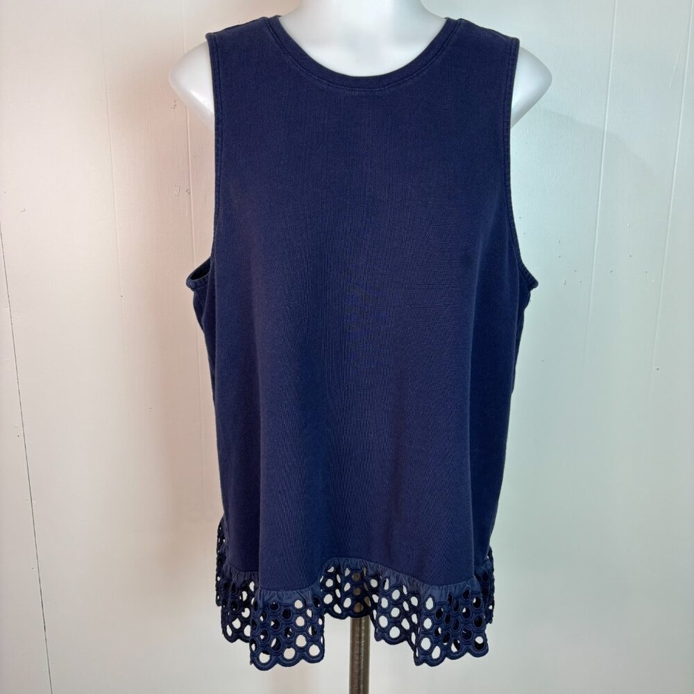 J Crew Tank Top XL Navy Blue Eyelet Ruffle Hem Women's